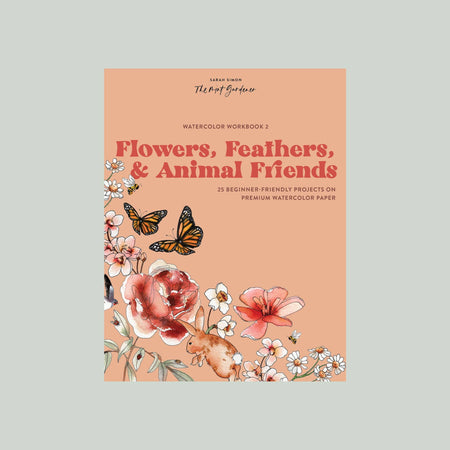 Light orange color cover with red text saying, “Flowers, Feathers & Animal Friends”. Images of pink and white flowers with monarch butterflies flying around.