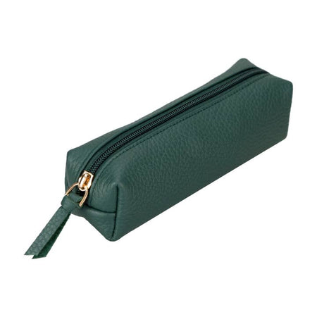 Green leather soft sided zipper pouch with zipper across the top.