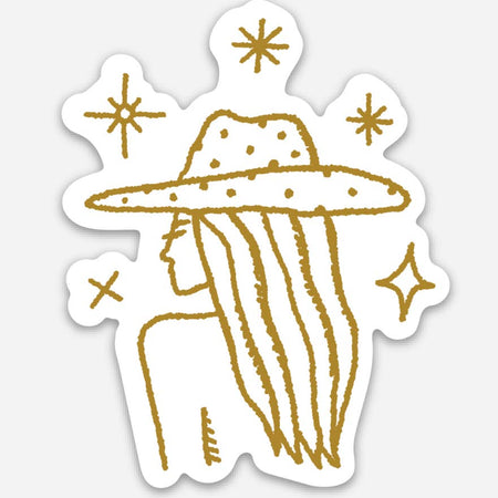 White background with image of a gold outlined woman with long hair wearing a cowboy hat. Gold stars in background.