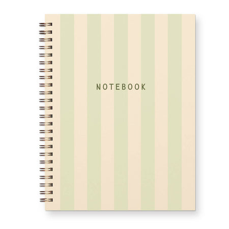 Ivory cover with seaglass green vertical stripes. Green text saying, “NOTEBOOK” in center. Metal spiral coil binding on left side.