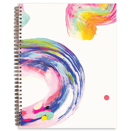 White background with colorful swirls in pink, yellow, aqua, blue, orange with metal coil binding.    