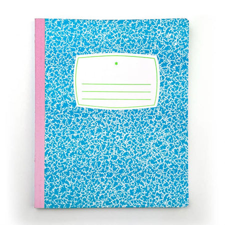 Side bound notebook with neon pink binding and neon blue cover.
