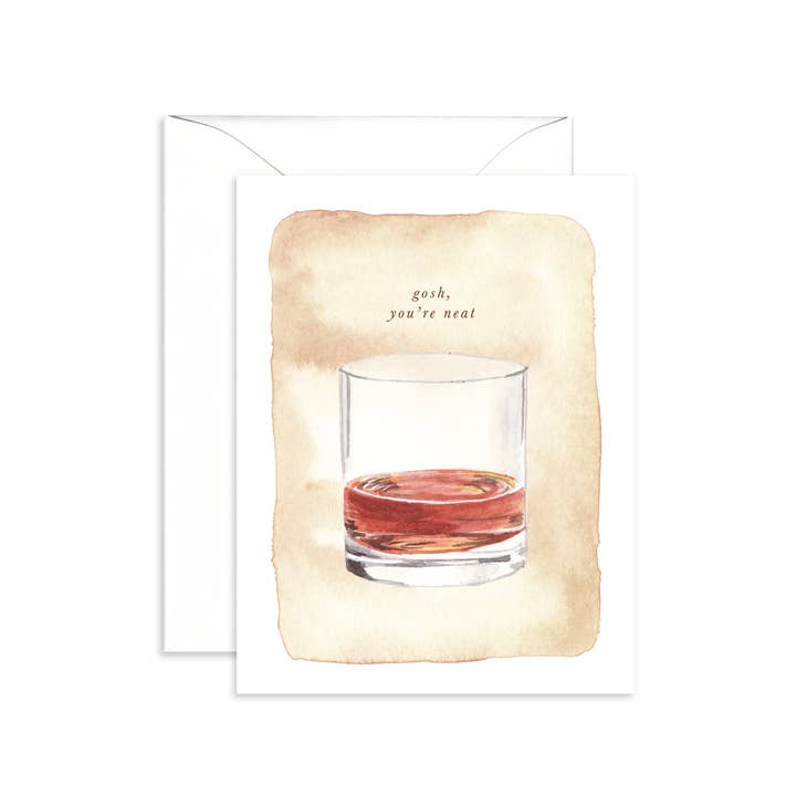 White card with tan inset rectangle with brown text saying, 