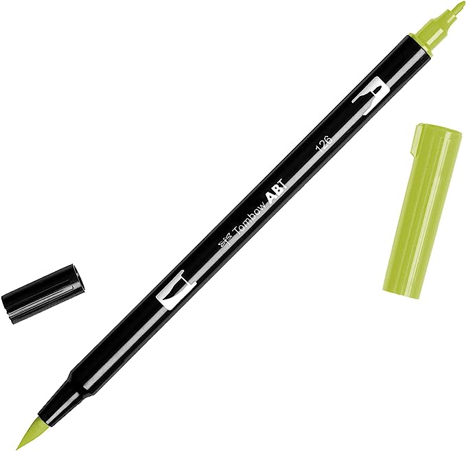 Black pen with dual tips of olive green ink. Black cap and green cap.
