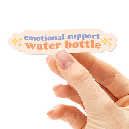 Ivory rectangle sticker with blue and orange text saying, “Emotional Support Water Bottle”. Images of yellow stars.