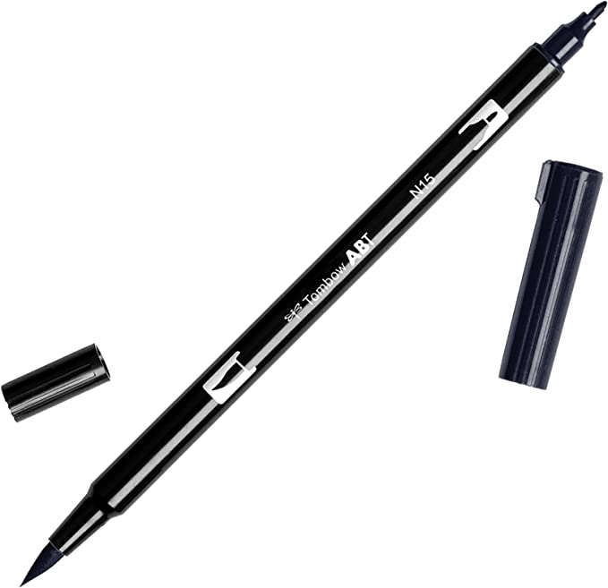 Black pen with dual tips of black ink. Black cap and black cap on each end.