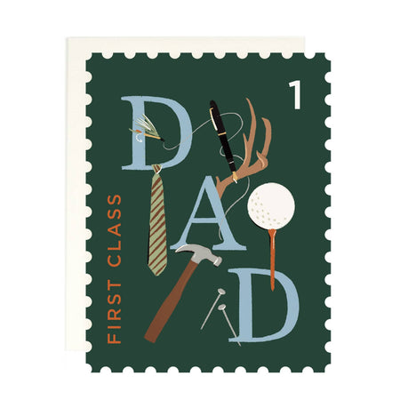 Ivory card with image of a green postage stamp saying, “First Class Dad”. Images of a necktie, hammer, nails, black pen and golf ball. An ivory envelope is included.