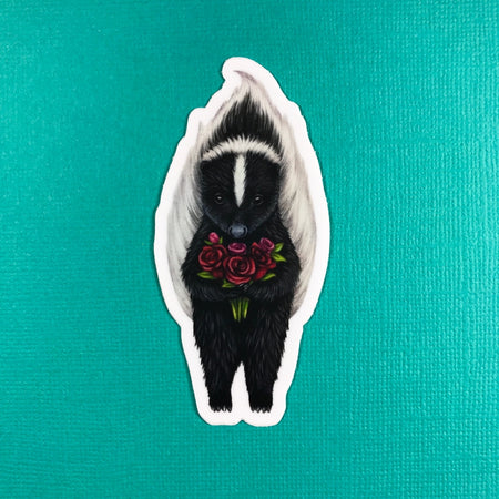 Sticker with images of a skunk holding a bouquet of red roses.