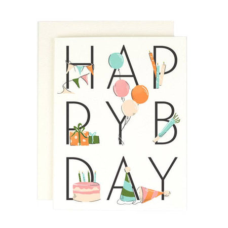 Ivory card with black text letters spelling, “H A P P Y B D A Y”. Images of various birthday party items such as balloons, steamers, party hats, birthday cake and presents in between letters. An ivory envelope is included.