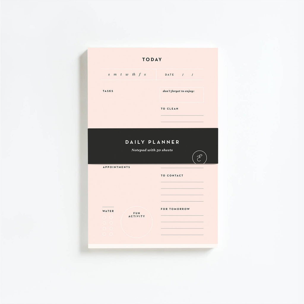Pink notepad with daily planning tasks such as tasks, appointments, to clean, fun activity, water intake, to contact and for tomorrow written in black text.