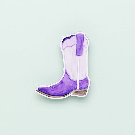 Sticker in the image of a purple and white cowboy boot. 