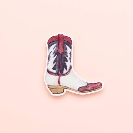 Sticker with image of a maroon, black and white cowboy boot.