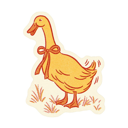 Sticker in the image of a yellow goose wearing an orange ribbon around its neck.