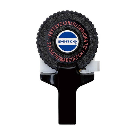 Black handle with black circle top displaying the letters of the alphabet in red print.
