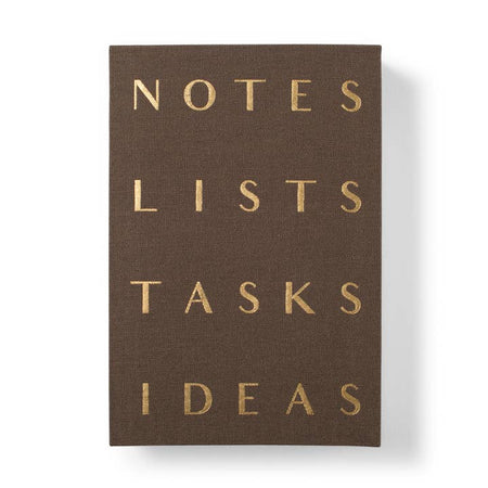 Brown notepad with gold foil text saying, “Notes Lists Tasks Ideas”. 