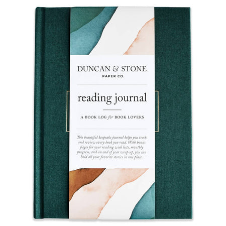 Teal green cover with gold embossed trim and gold text saying, “Reading Journal” in center.