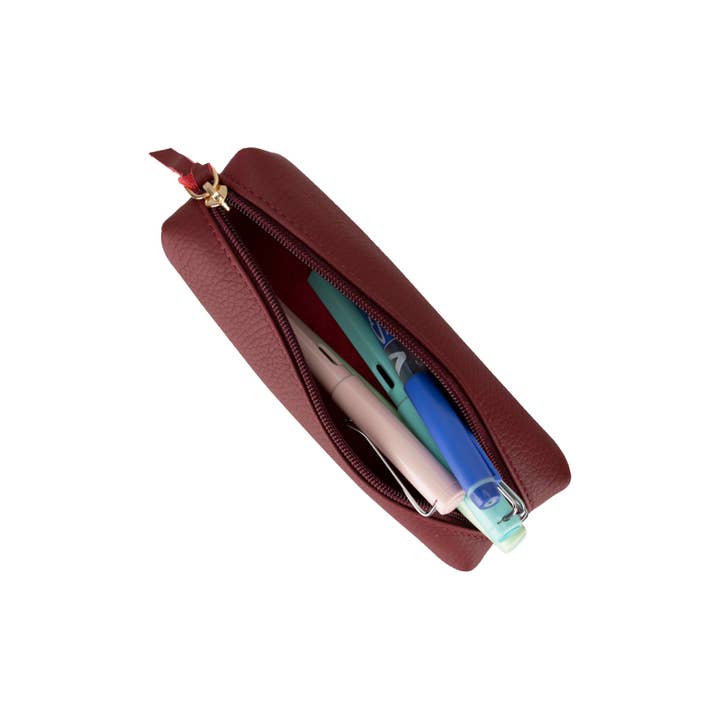 Leather Pencil Zipper Pouch | Burgundy