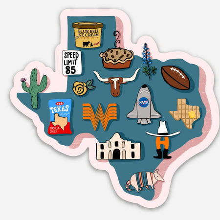 White sticker in the shape of Texas with blue background. Images of popular Texas things such as: The Alamo; NASA; football, cactus; longhorn cattle; armadillo.