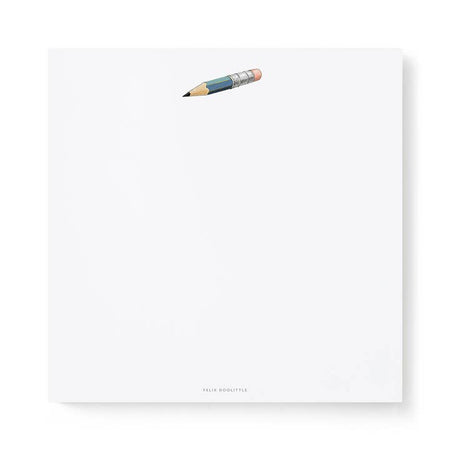 White square notepad with image of a small blue pencil with pink eraser in top center of pad.