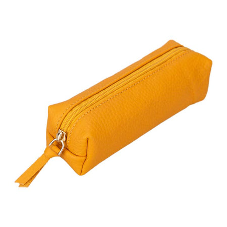 Mustard yellow leather soft sided zipper pouch with zipper across the top.