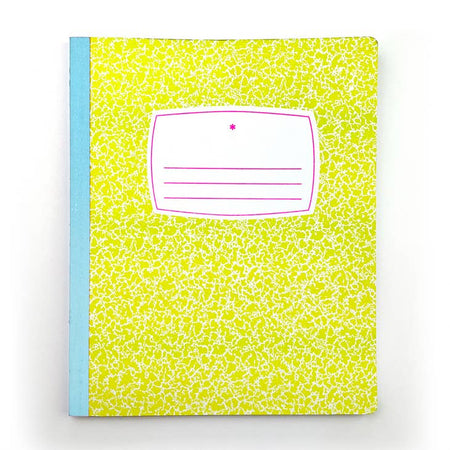 Side bound notebook with neon blue binding and neon green cover.