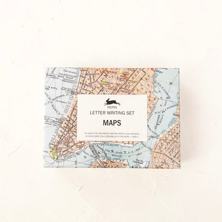 letter writing set box featuring a picture of a map, on textured background