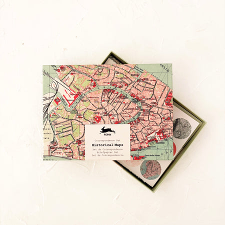 correspondence set box with picture of vintage map on textured background