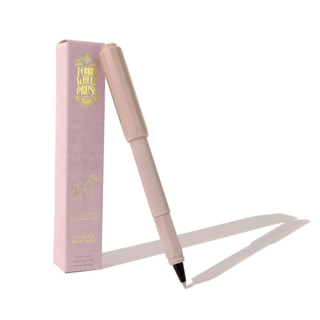 Light pink pen with black and silver tip. Light pink cap. Packaged in rose pink box with gold text saying, “Ferris Wheel Press” with image of a carousel horse.