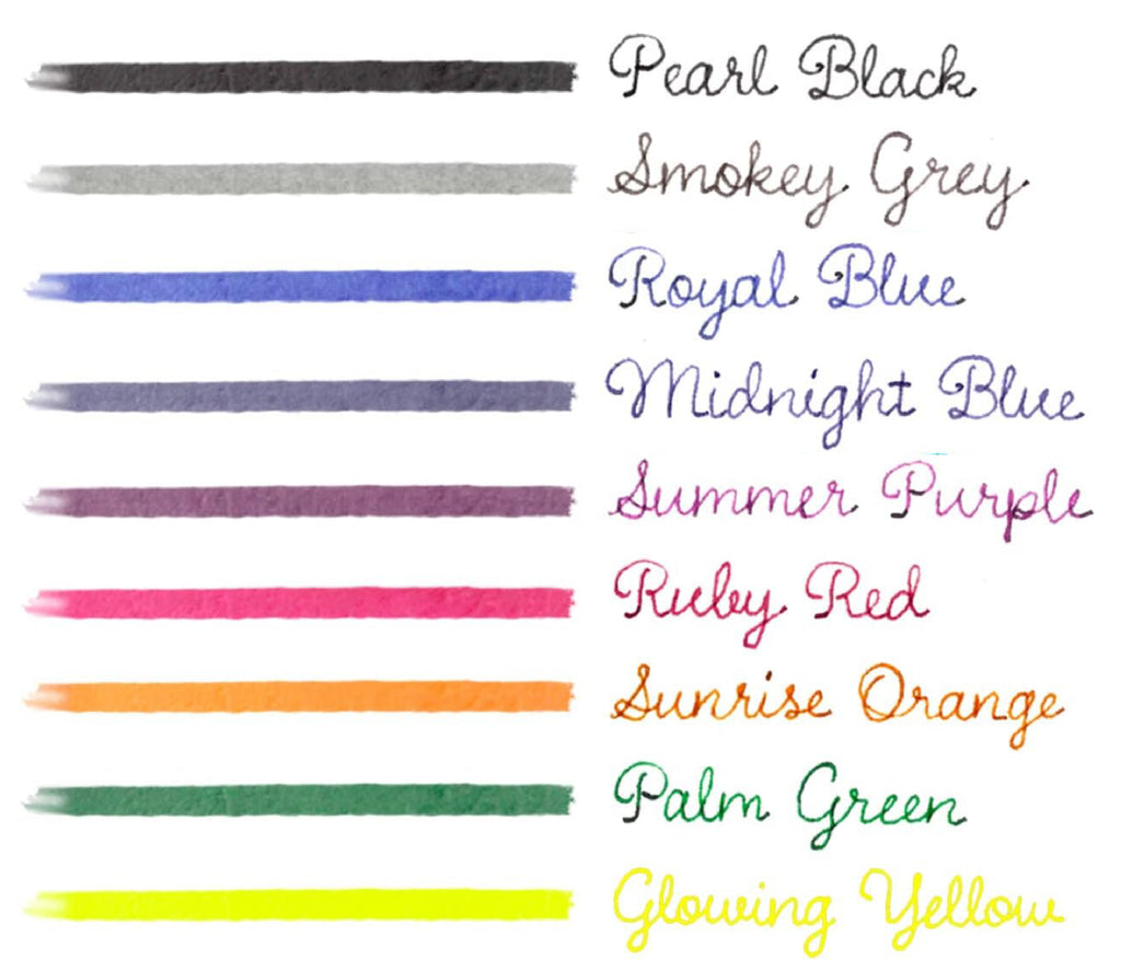 color swatches for the Kaweco cartridges, including pearl black, smokey grey, roya blue, midnight blue, summer purple, ruby red, sunrise orange, palm green, and glowing yellow