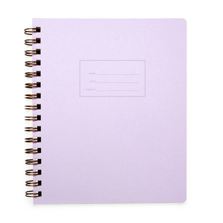 Lilac background with rectangular box in center with a place to write name, date and subject. Metal coil binding on left side.   Inside has line pages.