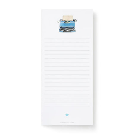 White lined notepad with image of a vintage blue typewriter in top center of pad.