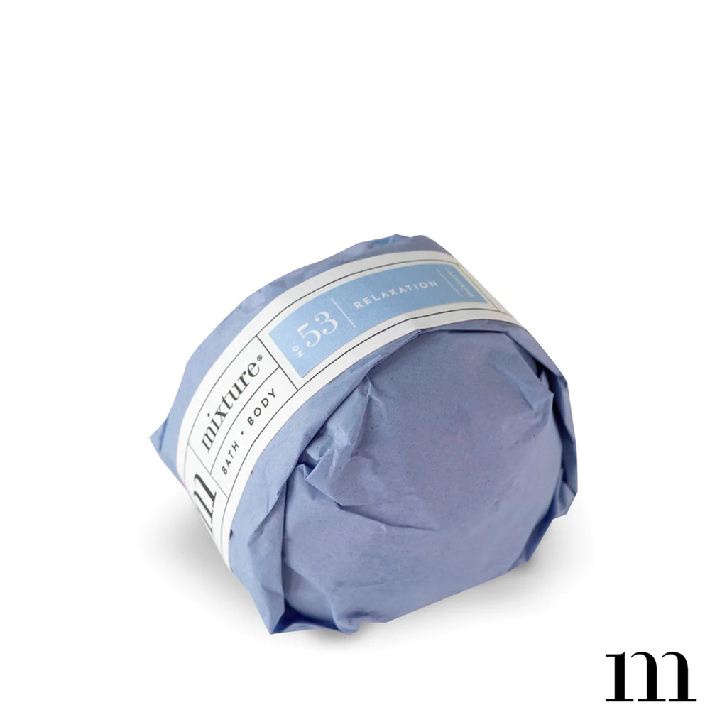 Circle ball wrapped in blue packaging with white and blue label. Black text saying, “Mixture Bath & Body Relaxation”.