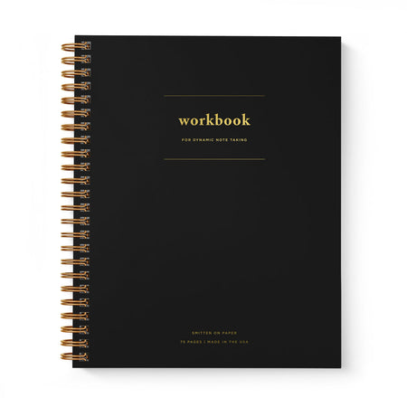 Black cover with gold foil text saying, “Workbook For Dynamic Notetaking”.