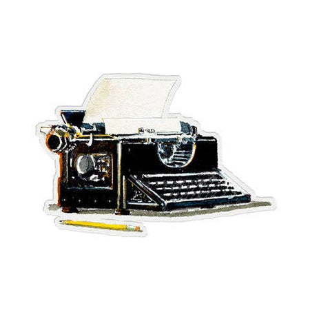 Image of a black vintage typewriter and a yellow pencil.