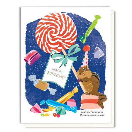 White card with blue background and image of a squirrel wearing a party hat holding a giant lollipop. Variety of different candies scattered around card. Colored text saying, “Happy Birthday!” A white envelope is included.