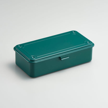 Teal long rectangular steel toolbox with front latch.