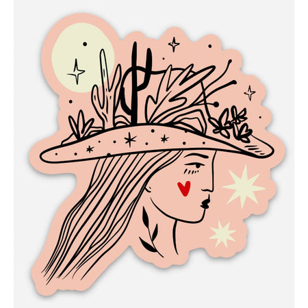 Pink sticker with black in profile picture of woman wearing a cowboy hat. Cowboy hat has images of moon; cactus; flowers and stars on it.