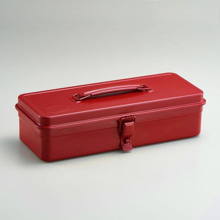 Red long rectangular steel toolbox with top handle and front latch.