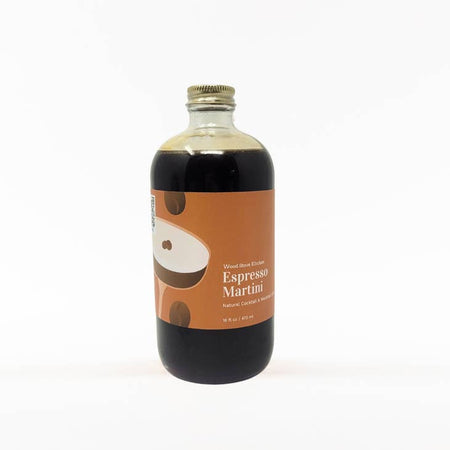 Glass bottle with dark brown liquid encompassing the flavors of espresso and coffee. Label on bottle with images of coffee beans and a martini glass.