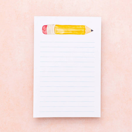 White lined notepad with image of a yellow pencil in the top center.