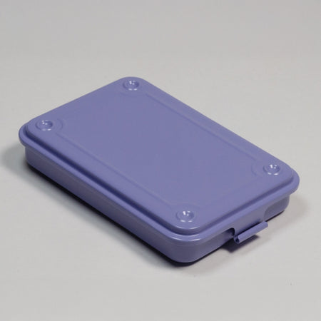 Purple flat rectangular steel toolbox with front latch.