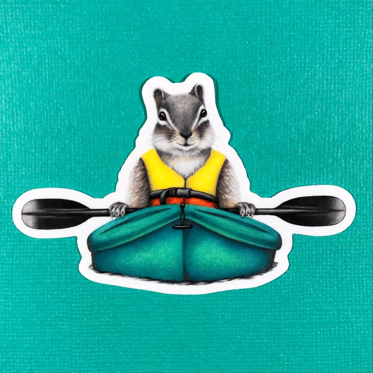 Sticker with images of a chipmunk wearing a yellow life jacket and riding in a teal kayak with black oars.