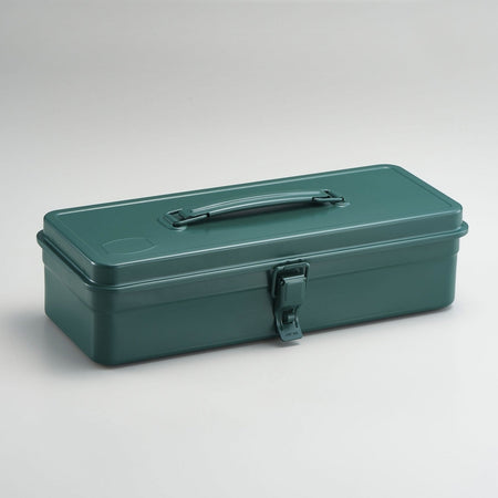Green long rectangular steel toolbox with top handle and front latch.