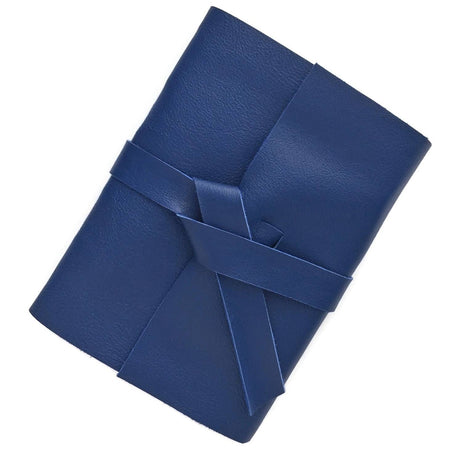 Dark Blue soft leather cover with two leather straps crossed in the middle.