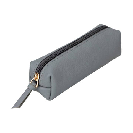 Gray leather soft sided zipper pouch with zipper across the top.