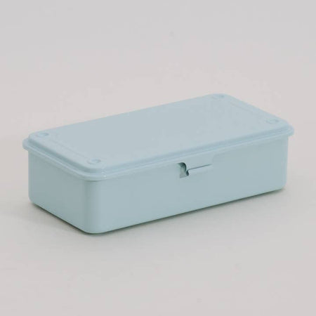 Light blue long rectangular steel toolbox with front latch.