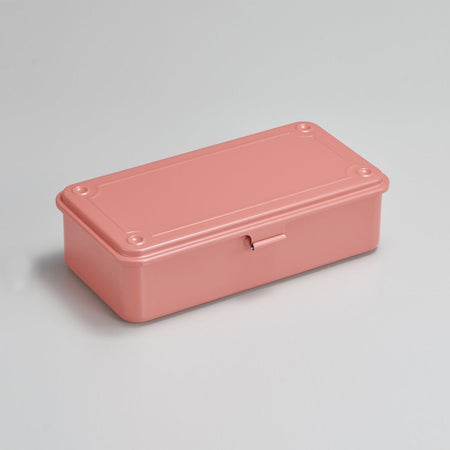Pink long rectangular steel toolbox with front latch.