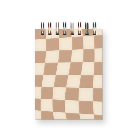Checkerboard cover with ivory and brown squares. Metal spiral coil binding across the top.
