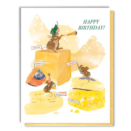 White card with image of three mice sitting on different blocks of cheese wearing party hats. Green text saying, “Happy Birthday!” A gold envelope is included.