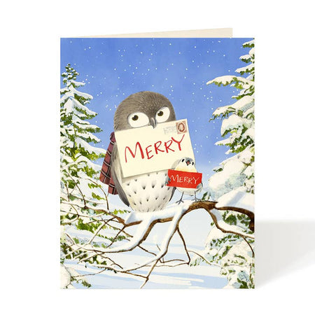 Card with a snowy winter scene with an owl sitting on a tree branch holding an envelope saying, “Merry” in its beak. A white envelope is included.